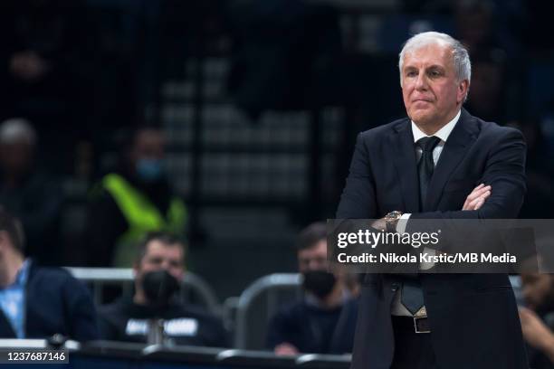 Head Coach Zeljko Obradovic of Partizan Nis Belgrade looks on during the 2021/2022 EuroCup Regular Season Round 9 match between Partizan Nis Belgrade...