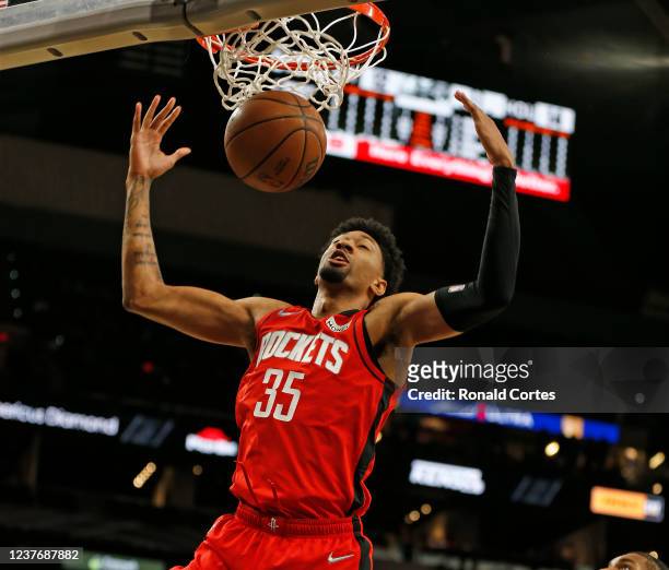 Christian Wood of the Houston Rockets dunks against the San Antonio Spurs in the first half at AT&T Center on JANUARY 12, 2022 in San Antonio, Texas....