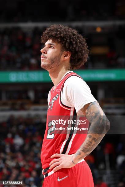 Lonzo Ball of the Chicago Bulls looks on during the game against the Brooklyn Nets on January 12, 2022 at United Center in Chicago, Illinois. NOTE TO...