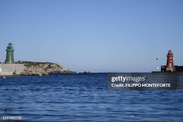 View shows the channel of the port of Giglio on January 13, 2022 on Giglio island, Tuscany, ten years to the day after the 2013 Costa Concordia...