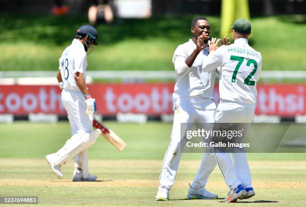 Lungi Ngidi of South Africa celebrate the wicket of Virat Kohli of India c Markram during day 3 of the 3rd Betway WTC Test match between South Africa...