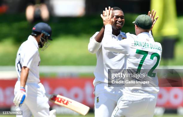 Lungi Ngidi of South Africa celebrate the wicket of Virat Kohli of India c Markram during day 3 of the 3rd Betway WTC Test match between South Africa...