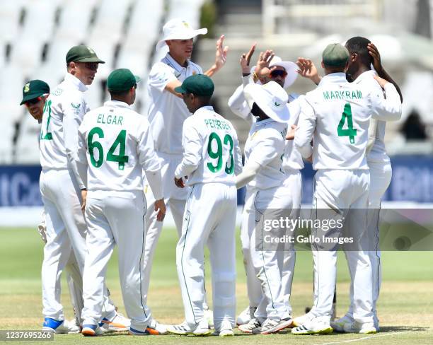 Marco Jansen and team mates of South Africa celebrate the wicket of Ravichandran Ashwin of India during day 3 of the 3rd Betway WTC Test match...