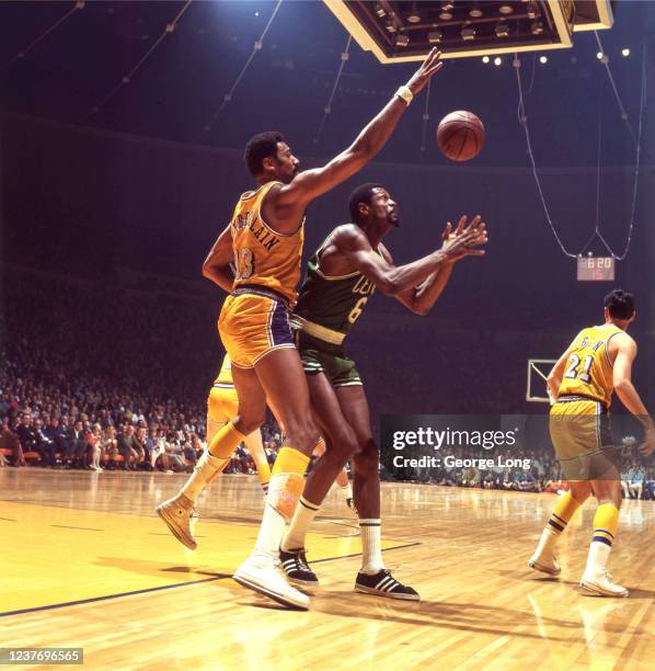 Finals: Boston Celtics Bill Russell in action vs Los Angeles Lakers Wilt Chamberlain at The Forum. Inglewood, CA 4/23/1969 -- 4/25/1969 CREDIT:...