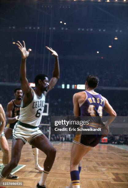 Finals: Rear view of Los Angeles Lakers Jerry West in action vs Boston Celtics Bill Russell at Boston Garden. Game 6. Boston MA 5/3/1969 CREDIT: Eric...
