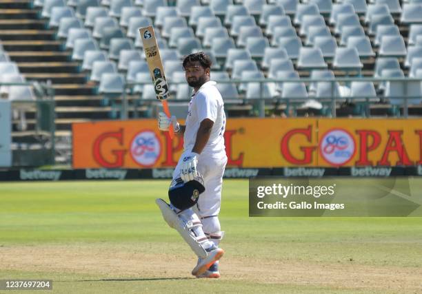 Rishabh Pant of India celebrates scoring a century during day 3 of the 3rd Betway WTC Test match between South Africa and India at Six Gun Grill...