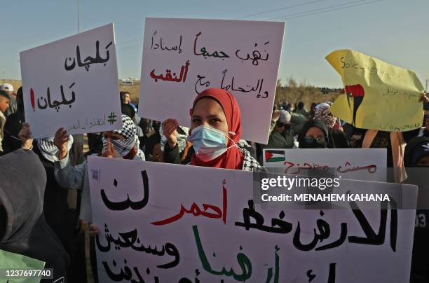 Bedouin protesters gather during a demonstration against an afforestation project by the Jewish National Fund in the southern Israeli village of Sawe...