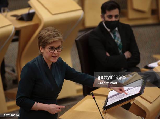 Nicola Sturgeon MSP Scottish First Minister speaks during First Minister's Questions at the Scottish Parliament Holyrood on January 13,2022 in...