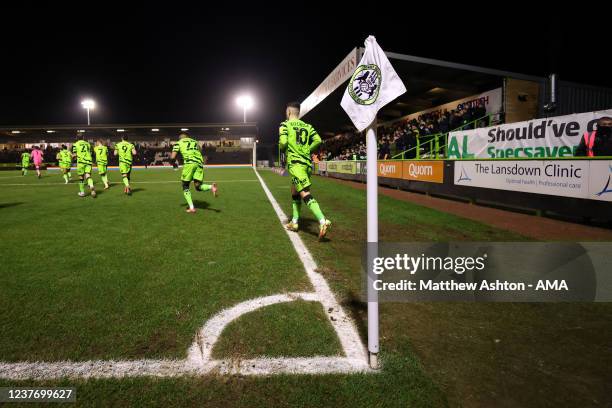 General view of The New Lawn Stadium home of Forest Green Rovers as the players enter the field during the Sky Bet League Two match between Forest...