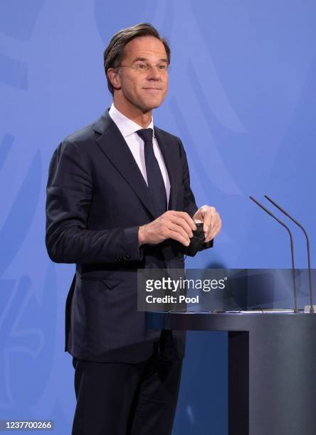 Dutch Prime Minister Mark Rutte attends a press briefing after a joint conversation with German Chancellor Olaf Scholz at the Chancellery during the...