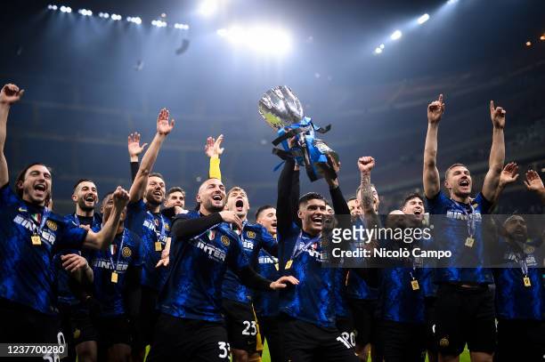 Players of FC Internazionale lift the trophy during the awards ceremony at end of the Supercoppa Frecciarossa football match between FC...