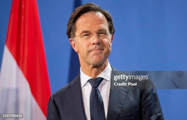 Dutch Prime Minister Mark Rutte attends a press briefing after a joint conversation with German Chancellor Olaf Scholz at the Chancellery during the...