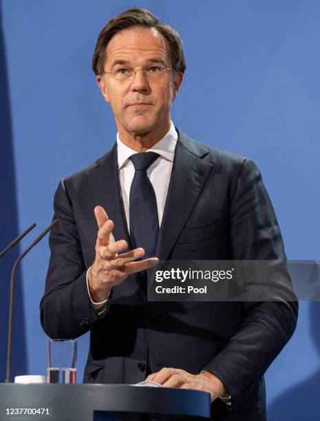 Dutch Prime Minister Mark Rutte attends a press briefing after a joint conversation with German Chancellor Olaf Scholz at the Chancellery during the...