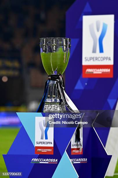 The trophy of Supercoppa Italiana is seen prior to the Supercoppa Frecciarossa football match between FC Internazionale and Juventus FC. FC...