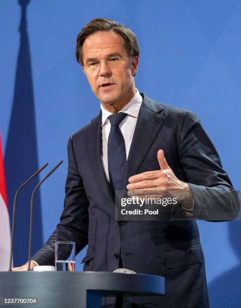 Dutch Prime Minister Mark Rutte attends a press briefing after a joint conversation with German Chancellor Olaf Scholz at the Chancellery during the...