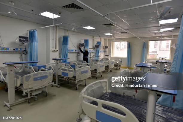 An inside view of the newly built 120 bed Covid isolation ward at Guru Harkrishan Hospital, near Sarai Kale Khan, on January 13, 2022 in New Delhi,...