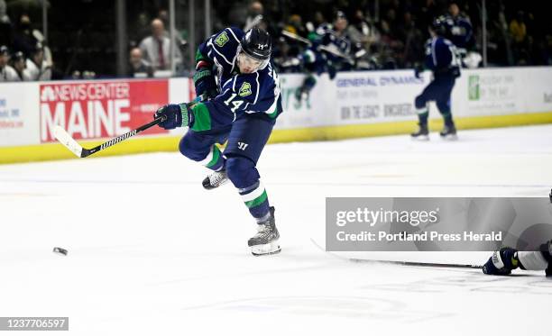 Maine's Brycen Martin takes a shot on goal against the Worcester Railers Wednesday, December 29, 2021.