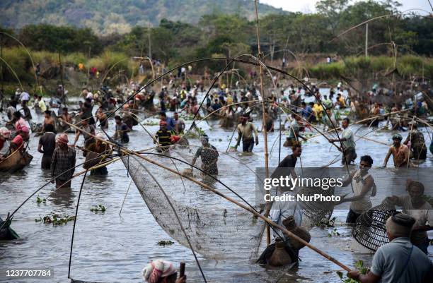 Villagers participate in a community fishing event on the occasion of Bhogali Bihu Festival at Goroimari Lake in Panbari village, in Kamrup district...