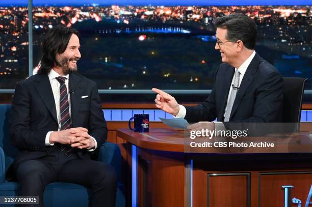 The Late Show with Stephen Colbert and guest Keanu Reeves during Wednesday's January 12, 2022 show.