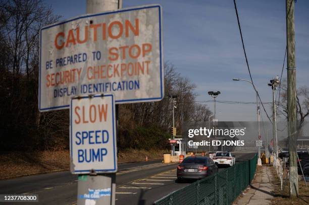 General view shows a checkpoint at the entrance to a bridge leading to the Rikers Island jail complex in Queens, New York on January 13, 2022.