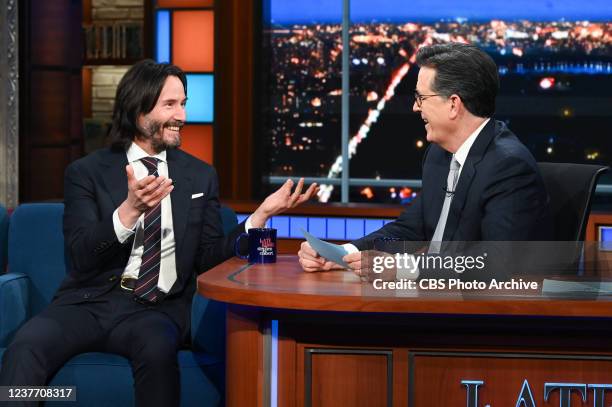 The Late Show with Stephen Colbert and guest Keanu Reeves during Wednesday's January 12, 2022 show.