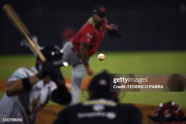 Ball is pictured during the round robin game of the Venezuelan Baseball League between Cardenales de Lara and Leones del Caracas, at the...