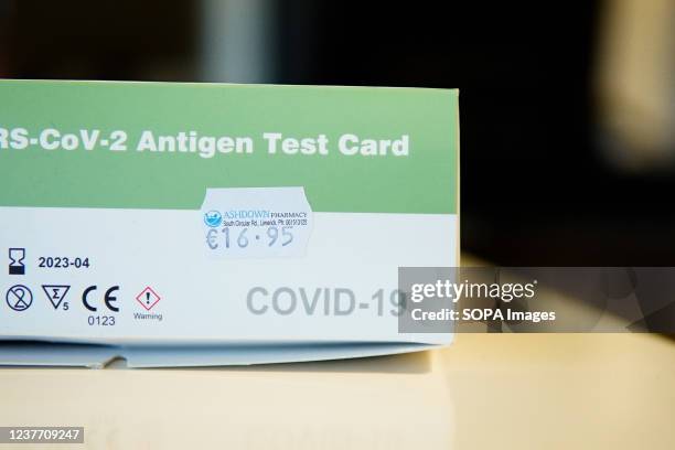 Boson Biotech covid-19 antigen test box seen on display with the price tag of 16.95 euros. The Spanish government limits the maximum prices of...