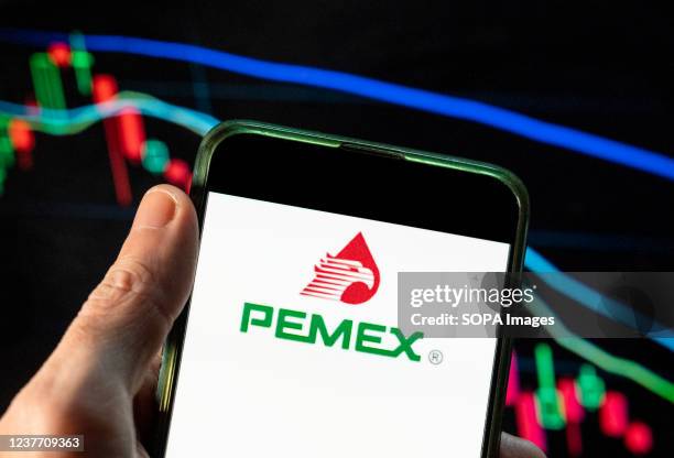 In this photo illustration the Mexican oil and gas company Petróleos Mexicanos, better known as Pemex, logo seen displayed on a smartphone with an...
