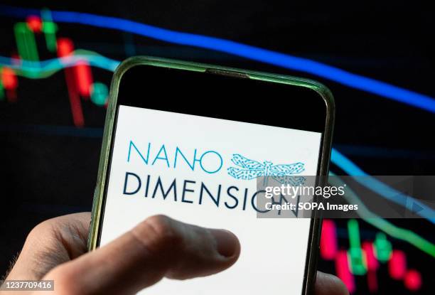 In this photo illustration the 3D printing company Nano Dimension logo seen displayed on a smartphone with an economic stock exchange index graph in...