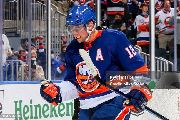 Josh Bailey of the New York Islanders celebrates after scoring a goal against the New Jersey Devils during the first period at UBS Arena on January...