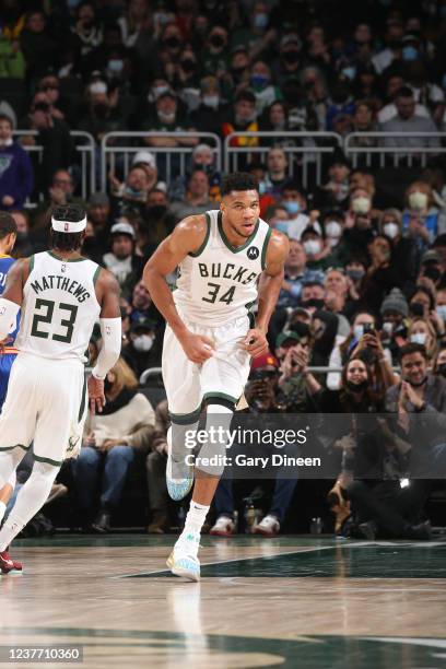 Giannis Antetokounmpo of the Milwaukee Bucks runs down the court during the game against the Golden State Warriors on January 13, 2022 at the Fiserv...