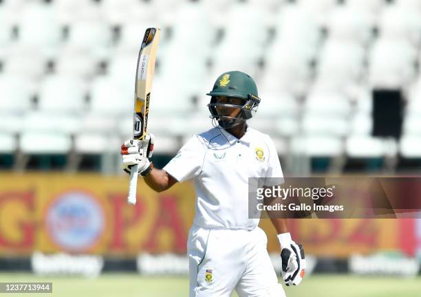 Keegan Peterson of South Africa celebrates scoring a half century during day 4 of the 3rd Betway WTC Test match between South Africa and India at Six...