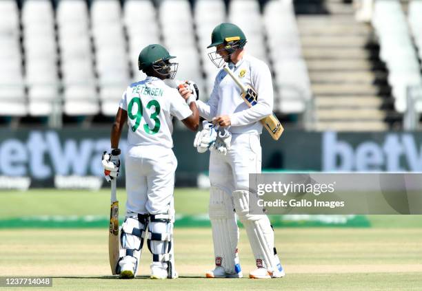 Keegan Peterson of South Africa celebrates with Rassie van der Dussen after scoring a half century during day 4 of the 3rd Betway WTC Test match...