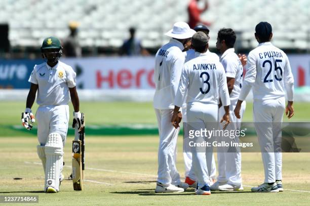 Shardul Thakur and team mates of India celebrate the wicket of Keegan Peterson of South Africa during day 4 of the 3rd Betway WTC Test match between...