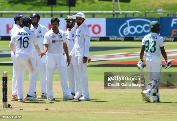 Shardul Thakur of India celebrates the wicket of Keegan Petersen of South Africa with team mates during day 4 of the 3rd Betway WTC Test match...