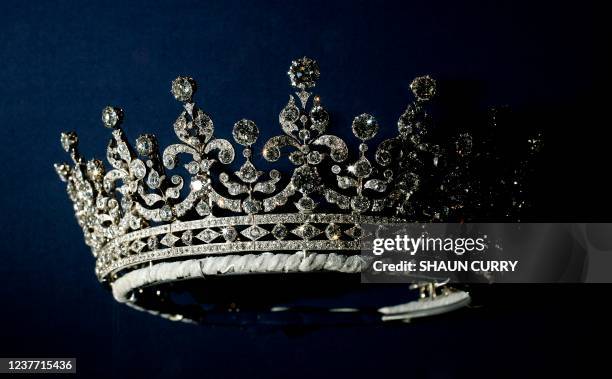 Diamonds and silver tiara given to Britain's Queen Elizabeth II on her wedding day 20 November 1947 by Queen Mary is displayed 27 July 2007 in...