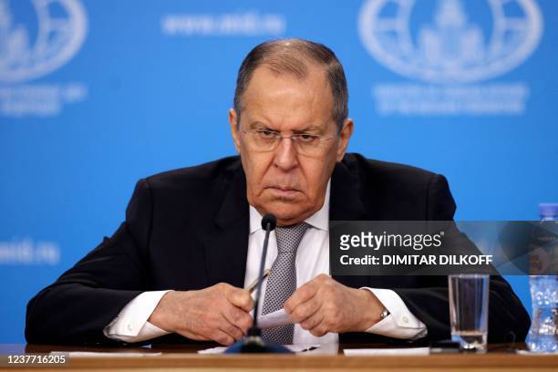 Russian Foreign Minister Sergei Lavrov looks on as he gives an annual press conference on Russian diplomacy in 2021, in Moscow on January 14, 2022.