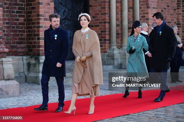 Crown Prince Frederik of Denmark, Crown Princess Mary of Denmark, Princess Marie of Denmark and Prince Joachim of Denmark arrive to visit the tomb of...