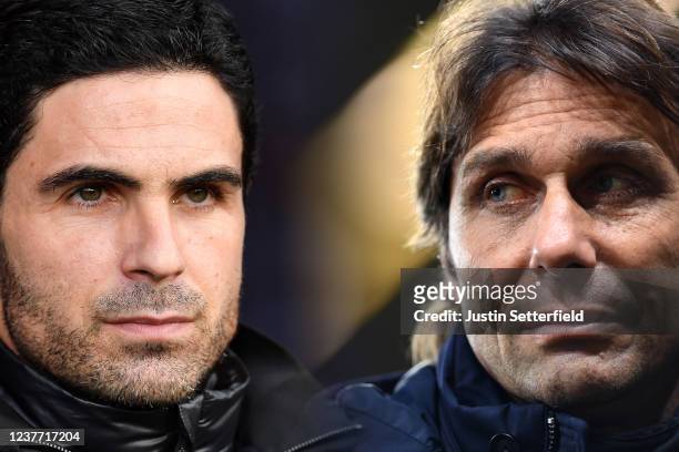 In this composite image a comparison has been made between Mikel Arteta, Manager of Arsenal and Antonio Conte, Manager of Tottenham Hotspur....