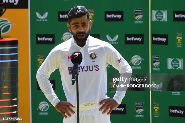 India's captain Virat Kohli speaks after South Africa won the third Test cricket match between South Africa and India at Newlands stadium in Cape...