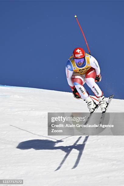 Beat Feuz of Team Switzerland in action during the Audi FIS Alpine Ski World Cup Men's Downhill on January 14, 2022 in Wengen Switzerland.