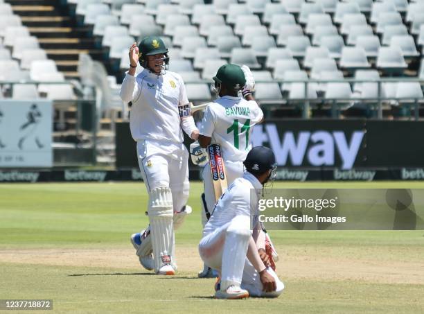 Rassie van der Dussen and Temba Bavuma of South Africa celebrates winning the match and test series during day 4 of the 3rd Betway WTC Test match...
