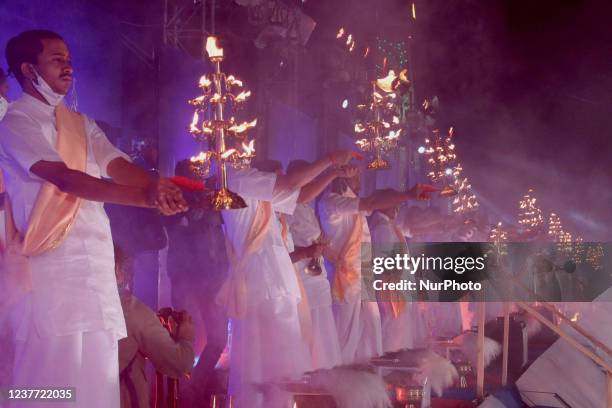 Hindu priest performed Sagar Arati on at the confluence of the Ganges River and the Bay of Bengal during the Gangasagar Mela on the occasion of Makar...