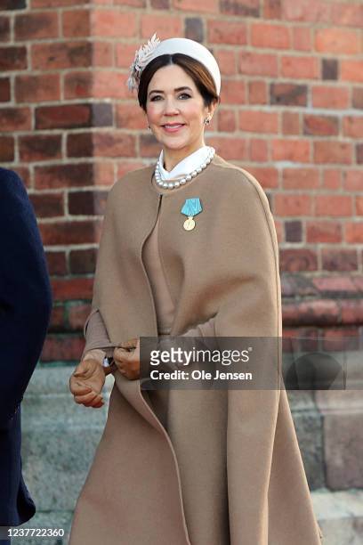 Crown Princess Mary of Denmark seen at Roskilde on the occasion of the Queen's 50 year anniversary as Monarch on January 14, 2022 in Roskilde,...