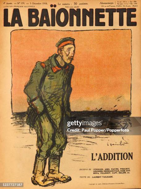 The cover illustration by Theophile Steinlen for the French weekly satirical magazine, "La Baionnette" or "The Bayonet" featuring a traumatised...