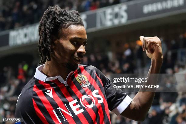 Nice's French midfielder Khephren Thuram celebrates after scoring a goal during the French L1 football match between OGC Nice and FC Nantes at the...