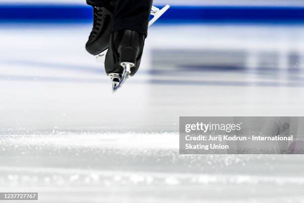 Ice and skate details during the ISU European Figure Skating Championships at Tondiraba Ice Hall on January 14, 2022 in Tallinn, Estonia.