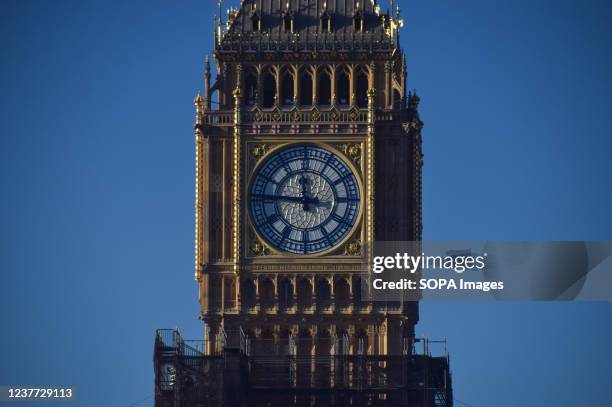 Big Ben's clock face is seen on a clear day. Scaffolding continues to be removed from Big Ben as renovation work, which began in 2017, nears...