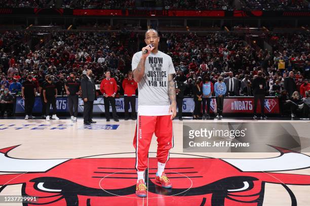 DeMar DeRozan of the Chicago Bulls addresses the fans before the game against the Golden State Warriors on January 14, 2022 at United Center in...