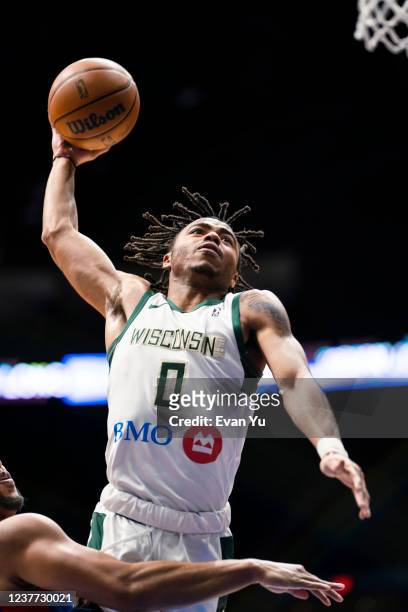 Jalen Lecque of the Wisconsin Herd dunks the ball against the Long Island Nets on January 14, 2022 at Nassau Coliseum in Uniondale, New York. NOTE TO...